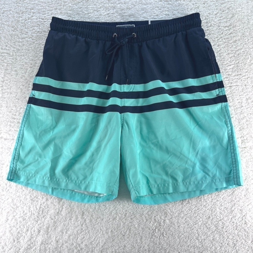 Club Room Mens Navy Teal Striped Quick‎ Dry Swim Trunks 7in Inseam Medium NEW